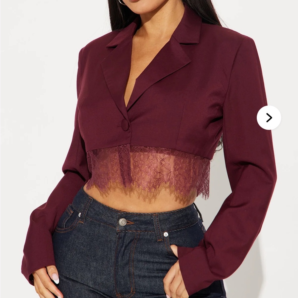 Fashion Nova Burgundy Lace Crop Blazer